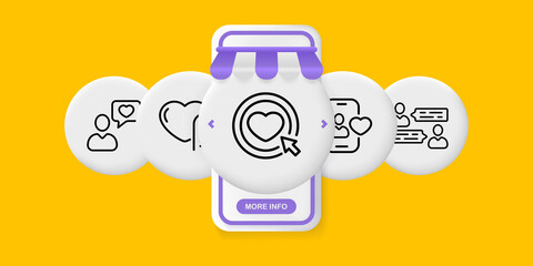 Hearts set icon. Person, correspondence, love, relationship, couple, profile, account, friendship, sympathy marriage. UI phone app screens with people. Vector line icon for Business and Advertising