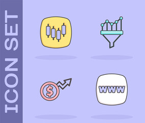 Set Website template, Browser with stocks market, Financial growth dollar and Sales funnel chart icon. Vector
