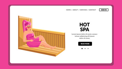 Hot Spa Enjoying Happiness Woman In Sauna Vector. Young Girl Wrapped Towel Laying And Resting Hot Spa. Character Lady Enjoy Healthy Procedure Body Therapy Web Flat Cartoon Illustration - obrazy, fototapety, plakaty