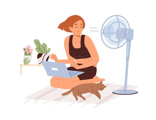 Happy person and cat with cooling fan, under blowing air, breeze at home in summer heat. Woman with ventilation equipment in hot weather. Flat graphic vector illustration isolated on white background