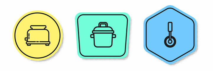 Set line Toaster, Cooking pot and Pizza knife. Colored shapes. Vector
