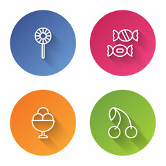 Fototapeta premium Set line Lollipop, Candy, Ice cream in bowl and Cherry. Color circle button. Vector