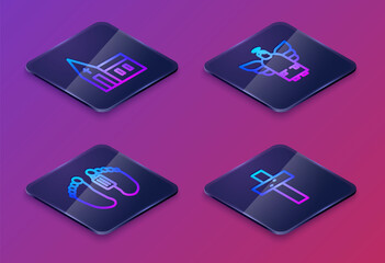 Set Isometric line Church building, Dead body, Christmas angel and Christian cross. Blue square button. Vector