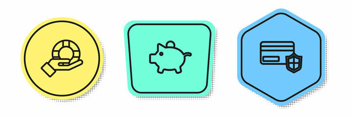 Set line Lifebuoy in hand, Piggy bank and Credit card with shield. Colored shapes. Vector
