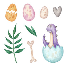 A set with a dinosaur and eggs on a white background. Watercolor illustration. Dino. Animals. Reptile. Collection. The Stone Age. Design. Art. Handmade. Cute. Child. Plants. The tropics. Dice.