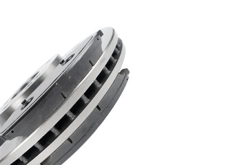 Brake discs and brake pads isolated on white background. Auto parts. Brake disc rotor isolated on...