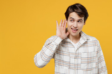 Young curious nosy happy caucasian man 20s wear white casual shirt try to hear you overhear...