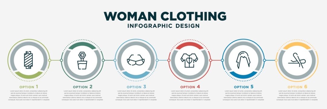 infographic template design with woman clothing icons. woman clothing concept with 6 options or steps. included cylindrical lamp, fountain jar, cat eyes glasses, heart shaped clothes, female long