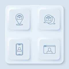 Set line Online working, , Video chat conference and . White square button. Vector