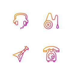 Set line Telephone handset, Electric bass guitar, Headphones and Yoyo toy. Gradient color icons. Vector