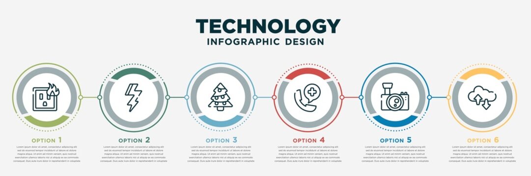 infographic template design with technology icons. technology concept with 6 options or steps. included electric socket on fire, green flash, holidays, hospital phone, cam with big len, download