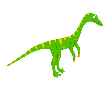 Cute carnivorous dinosaur Compsognathus, vector flat illustration in hand drawn style on white background