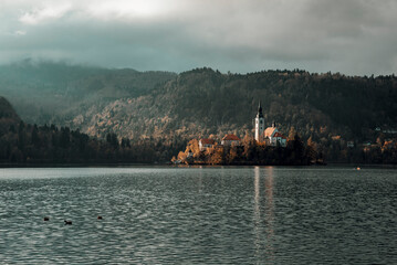 Fototapeta na wymiar Nature autumn Slovenia trees and Bled Lake