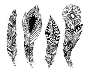 Seamless border with big tropical leaves. Black and white illustration, Hand drawn decorative elements. Vector illustration