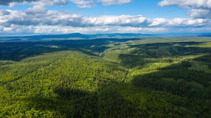 Southern Urals, Ural Mountains, mountain taiga. Aerial view.
