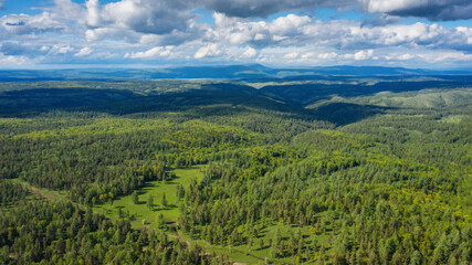 Fototapeta na wymiar Southern Urals, Ural Mountains, mountain taiga. Aerial view.