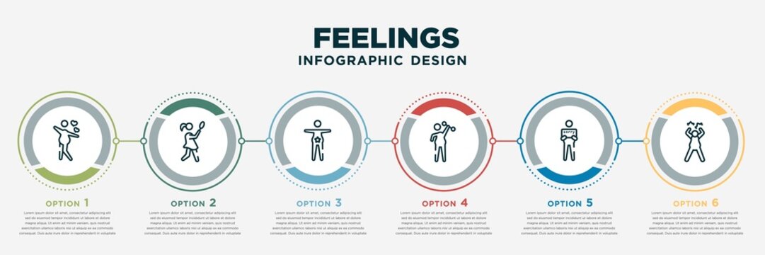 Infographic Template Design With Feelings Icons. Feelings Concept With 6 Options Or Steps. Included Emotional Human, Pretty Human, Better Human, Strong Sorry Irritated Can Be Used Web, Info Graph,