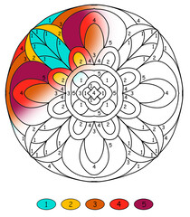 abstract mandala for coloring by numbers, with flowers in yellow and dark red colors, coloring book pages