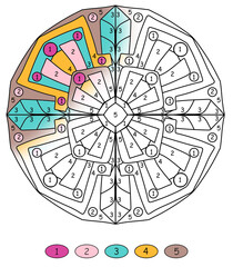 geometric mandala coloring by numbers, with flowers in blue and light brown colors, coloring book pages