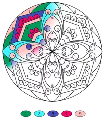 folk style mandala for coloring by numbers, with abstract plants in green and light blue colors, coloring book pages © dnapslvsk