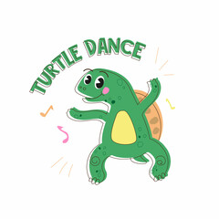 Cool illustration of a turtle dancing, hand-drawn. It can be used as a print for T-shirts, pajamas, children's illustrations, postcards