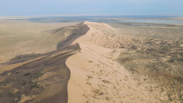 Aerial of sand dunes in Altyn Emel national park in Kazakhstan