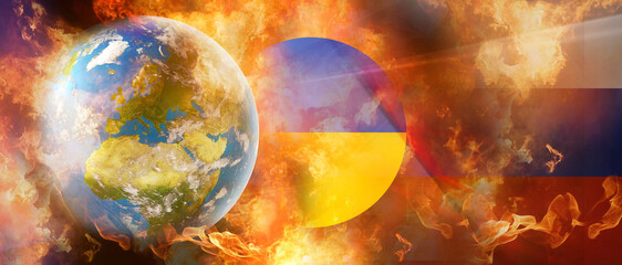 planet earth the world and round symbolic colors of Ukraine and flag of Russia and flames 3d-illustration. elements of this image furnished by NASA