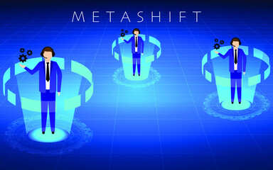 Metashift, Metaverse Customer Service. Hologram customer assistants provide solutions to users on blue futuristic background.