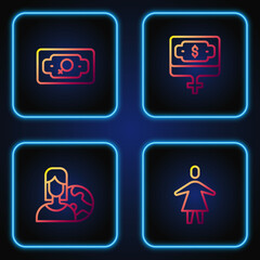 Set line Female, Women from different countries, Money growth woman and . Gradient color icons. Vector