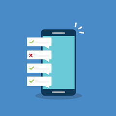 Check list document on smartphone, smartphone with paper check list and to do list with checkboxes, concept of survey, online quiz, completed things or done test, feedback.	