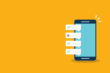 Check list document on smartphone, smartphone with paper check list and to do list with checkboxes, concept of survey, online quiz, completed things or done test, feedback.	