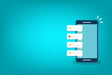 Check list document on smartphone, smartphone with paper check list and to do list with checkboxes, concept of survey, online quiz, completed things or done test, feedback.	