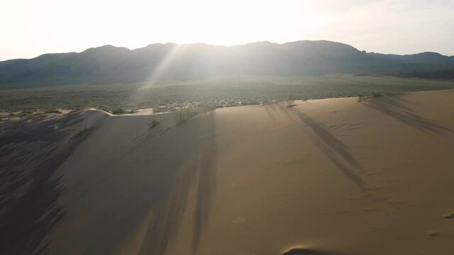 Aerial of sand dunes in Altyn Emel national park in Kazakhstan