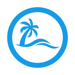 Beach holidays. Destino de vacaciones. Icono plano silueta de la palma con olas en círculo color azul