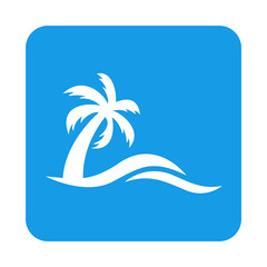 Beach holidays. Destino de vacaciones. Icono plano silueta de la palma con olas en cuadrado color azul
