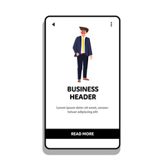 Business Header Man Working In Company Vector. Business Header Controlling Manager Employee Work In Office. Character Businessman In Stylish Elegant Costume Web Flat Cartoon Illustration