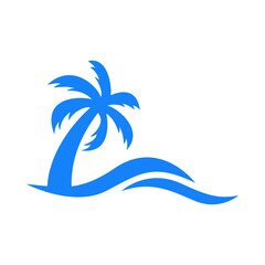Beach holidays. Logo destino de vacaciones. Icono plano silueta de la palma con olas en color azul