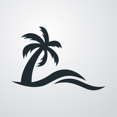 Beach holidays. Logo destino de vacaciones. Icono plano silueta de la palma con olas en fondo gris