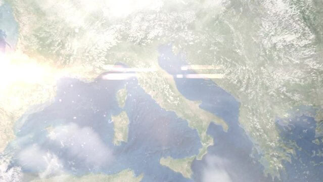 Earth zoom in from outer space to city. Zooming on Terni, Italy. The animation continues by zoom out through clouds and atmosphere into space. Images from NASA