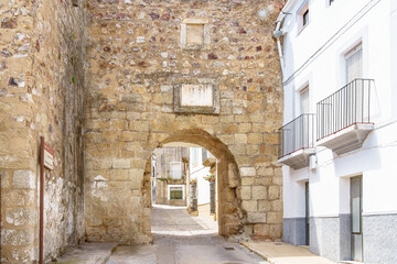 Exterior view of Puerta de la Villa, medieval gate to Alburquerque old town in Extremadura Spain
