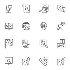 Foreign language translate line icons set