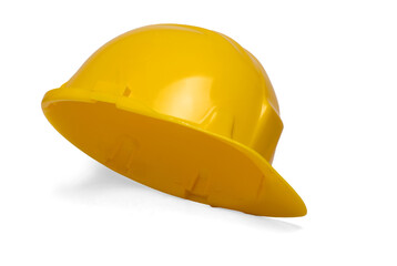 Fototapeta premium closeup head yellow construction hardhat white background