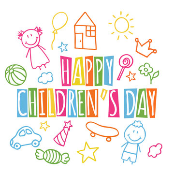 Happy Children's Day. Doodle holiday illustration to the International Children's Day. Children Art style drawing with colored pencils sketch. Vector logo with two funny baby.