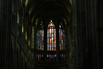 A stained glass window in the church