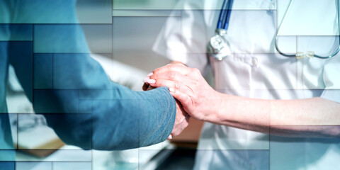 Female doctor holding patient hand, geometric pattern