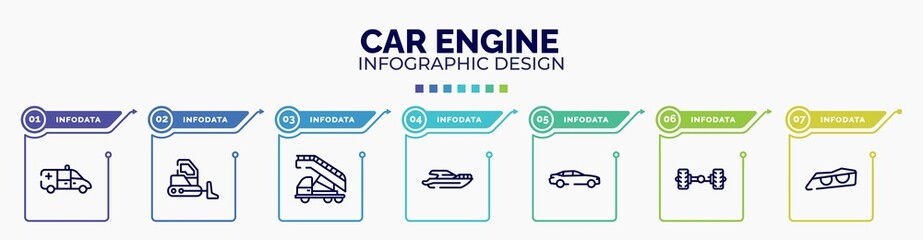 infographic for car engine concept. vector infographic template with icons and 7 option or steps. included ambulance side view, bulldozer side view, airport truck, yacht side view, car axle, car
