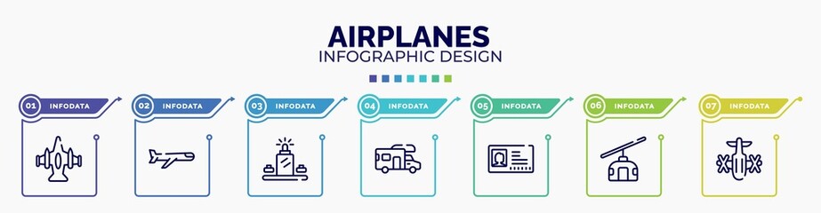 infographic for airplanes concept. vector infographic template with icons and 7 option or steps. included army airplane bottom view, airplane, luggage scan, rv, driving pass, null, army helicopter