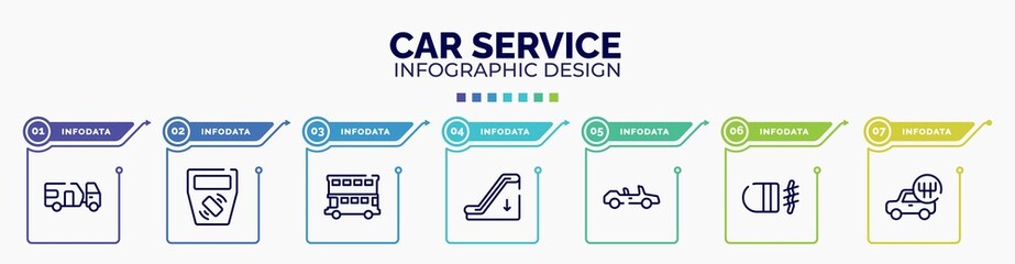 infographic for car service concept. vector infographic template with icons and 7 option or steps. included touristic, ticket validator, double decker bus, or down, convertible, fog lamp, shift - obrazy, fototapety, plakaty