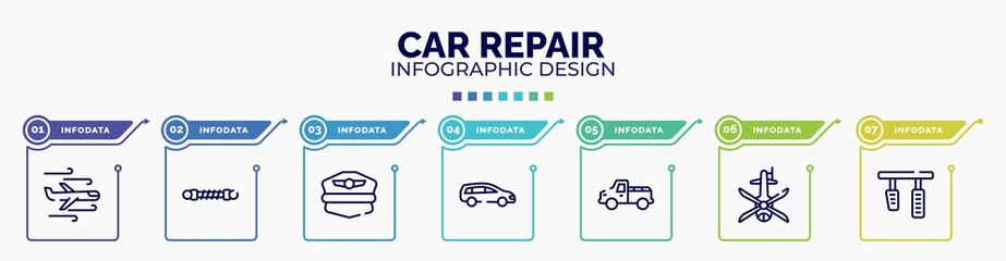 infographic for car repair concept. vector infographic template with icons and 7 option or steps. included turbulence, damper, pilot hat, station wagon, pickup car, helicopter black shape top view, - obrazy, fototapety, plakaty