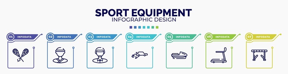 infographic for sport equipment concept. vector infographic template with icons and 7 option or steps. included lacrosse, judoka, polo player, autocross, speedboat, cardio, hurdle editable vector.